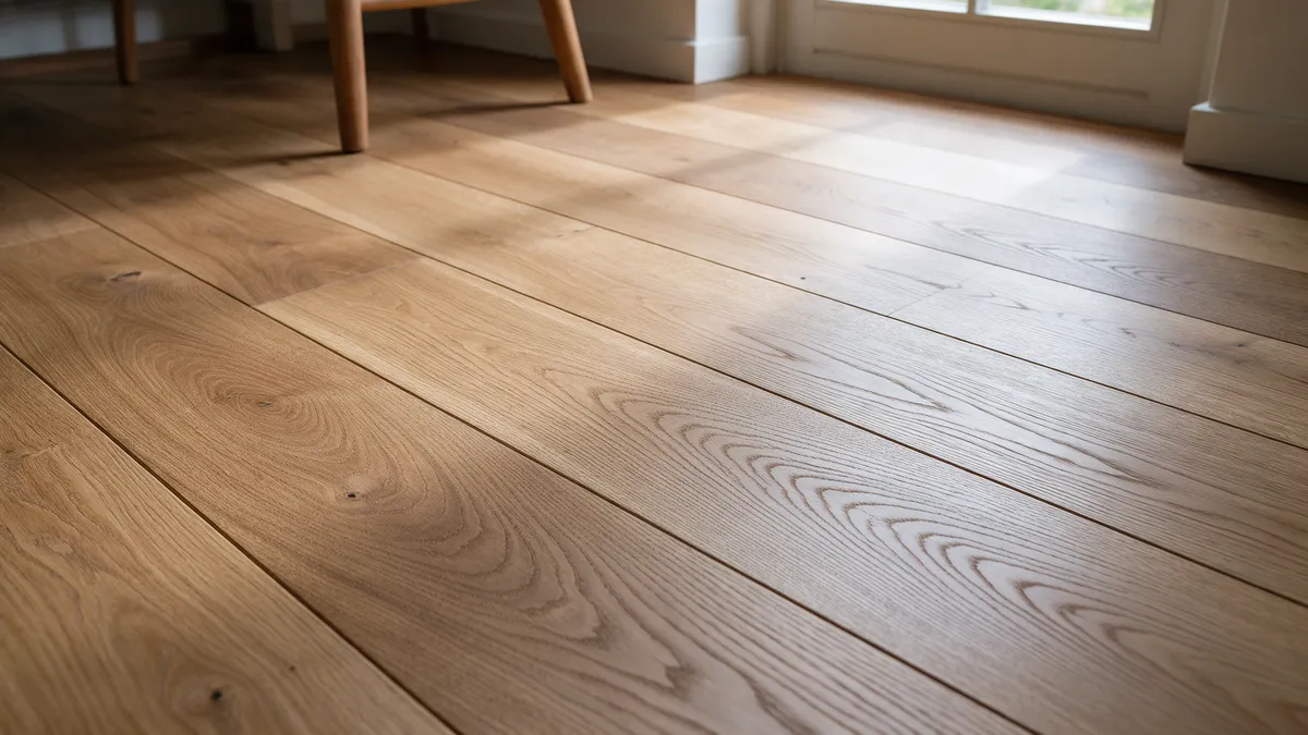 Close-up van geoliede eiken parketplanken met duidelijke houtnerf en kleine knoesten in strijklicht
