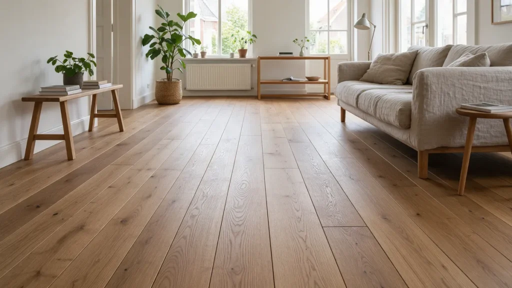 Lichte woonkamer met een eiken parketvloer van brede, geoliede planken met zichtbare houtnerf