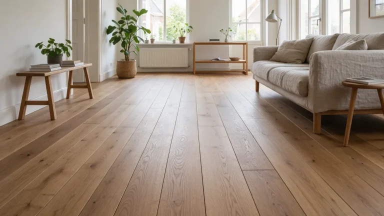 Lichte woonkamer met een eiken parketvloer van brede, geoliede planken met zichtbare houtnerf