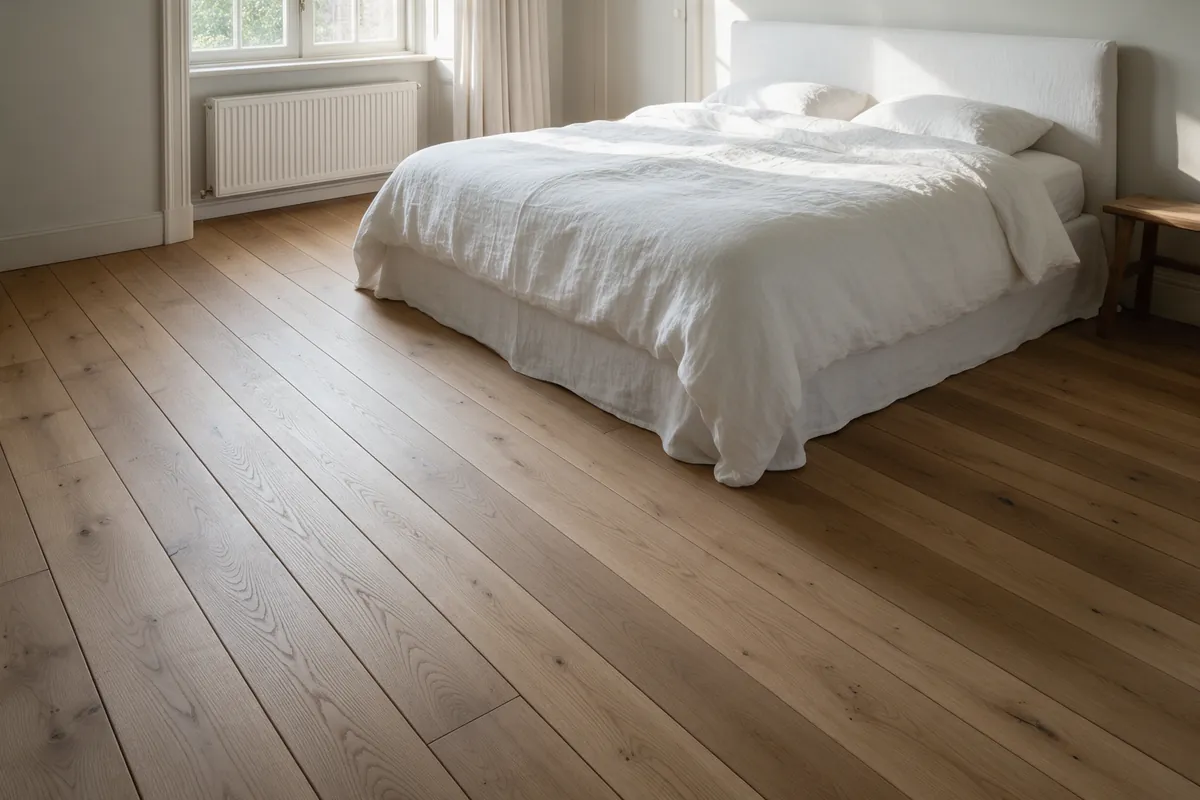 Slaapkamer met een brede eiken plankenvloer in rechte lijnen