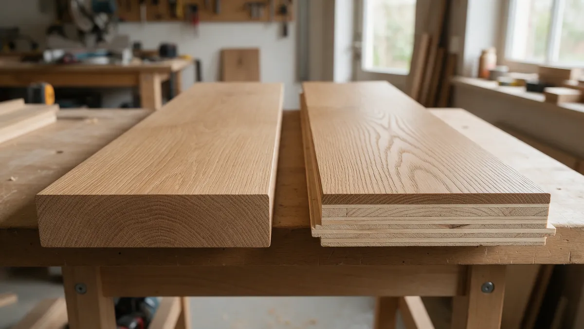 Massieve eiken plank naast een lamelparket plank met zichtbare toplaag en meerlaagse drager op een werkbank