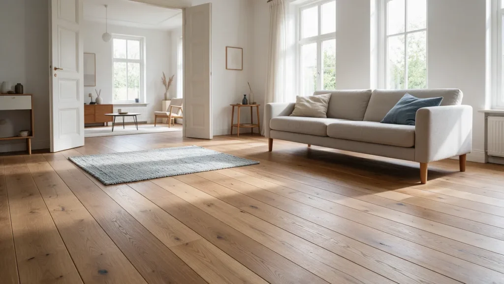 Lichte woonkamer met brede eiken parketplanken in matte olieafwerking en een grijze bank
