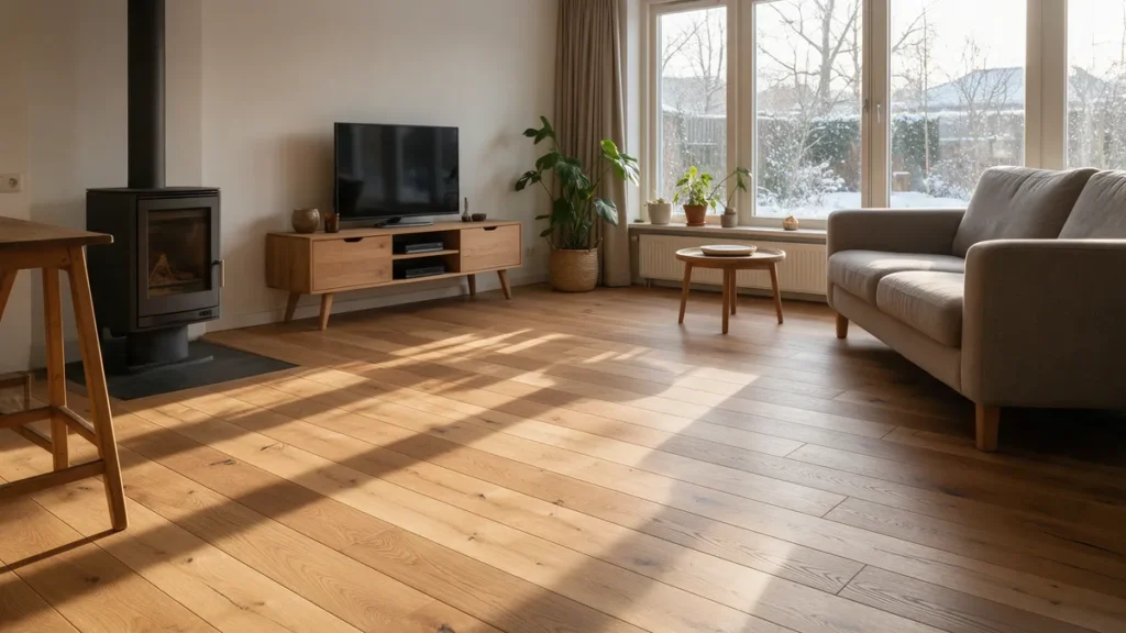 Woonkamer met eiken parketvloer en vloerverwarming, winters daglicht door grote ramen