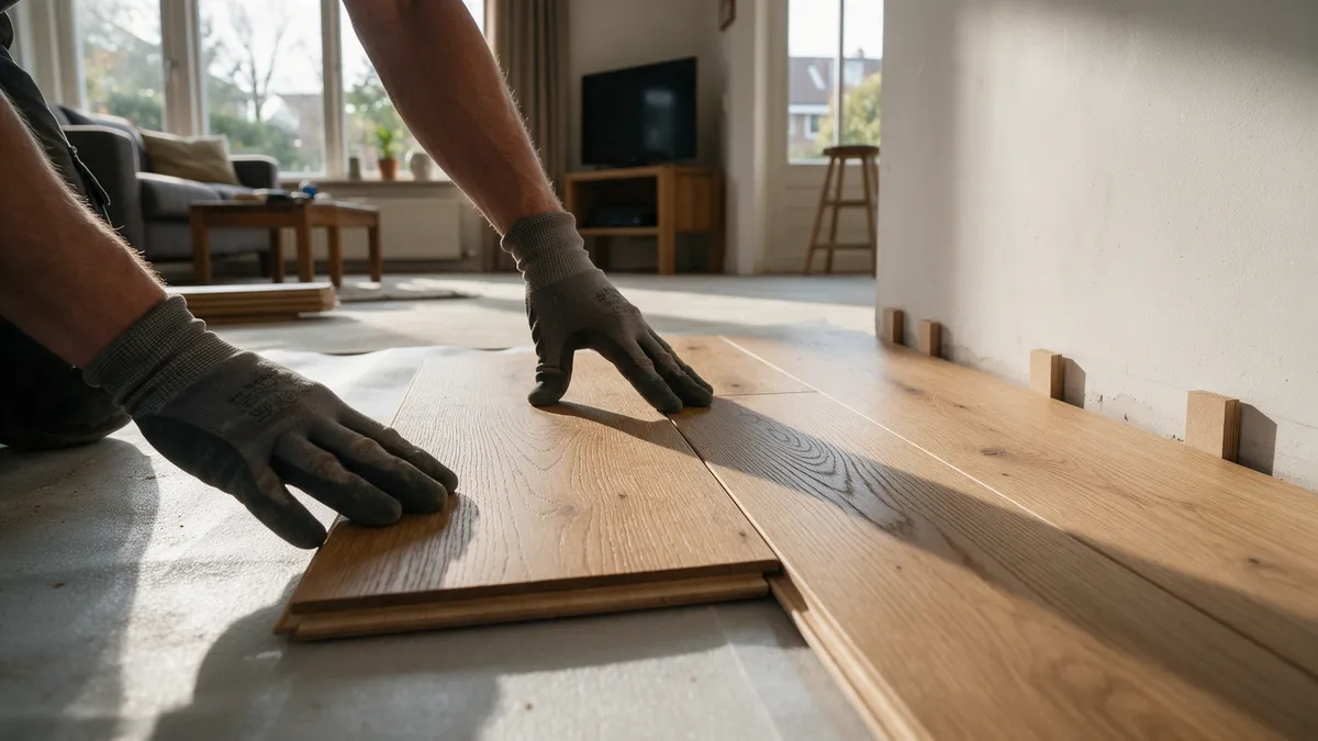 Handen van een vakman leggen eiken parketplanken op een ondervloer met afstandsklosjes langs de wand