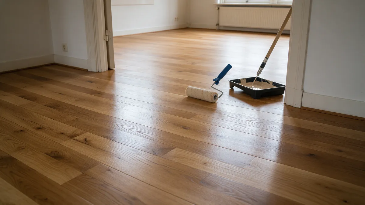 Vers gelakte eiken parketvloer met zijdeglans, lakroller en lakbak in een lege kamer