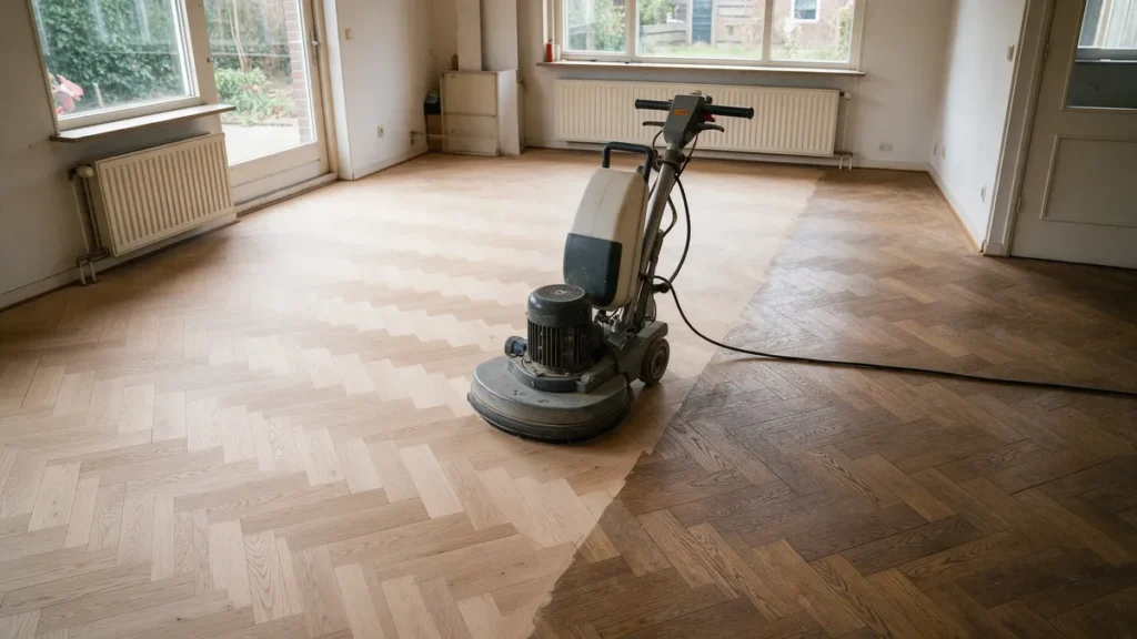 Schuurmachine op een eiken visgraatvloer, half geschuurd naar licht kaal hout en half nog met oude donkere afwerking