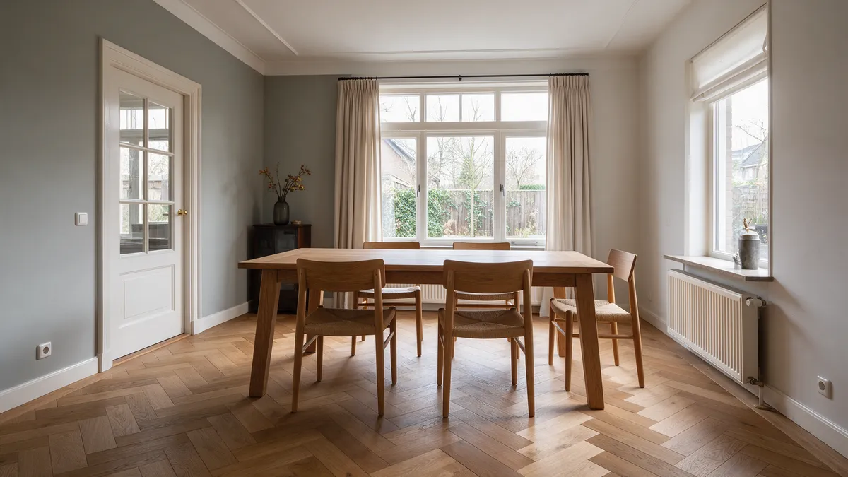 Eetkamer met geolied eiken visgraat parket in een getrapt zigzagpatroon onder een houten eettafel